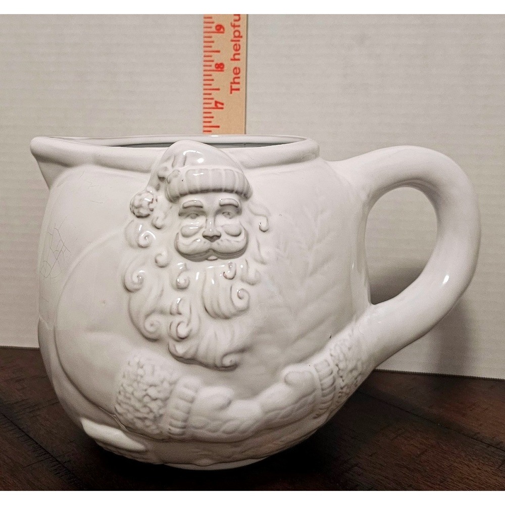 Mud Pie White Ceramic Santa Claus Pitcher Embossed Christmas Holiday Decor 6.5in